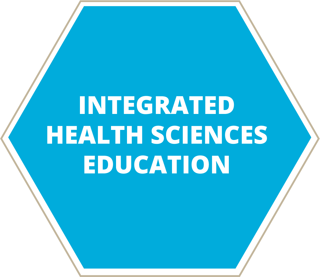 Blue hexagon with text Intergrated health sciences education